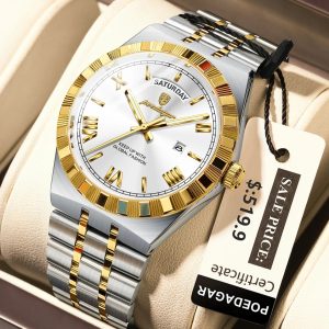 POEDAGAR Luminous Quartz Men’s Watch – Stainless Steel Diver Style with Calendar & Roman Dial