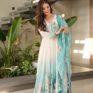 Premium Indian Georgette Three Piece Set – Digital Print, Gota Karchupi & Stone Work