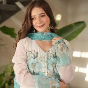 Premium Indian Georgette Three Piece Set – Digital Print, Gota Karchupi & Stone Work