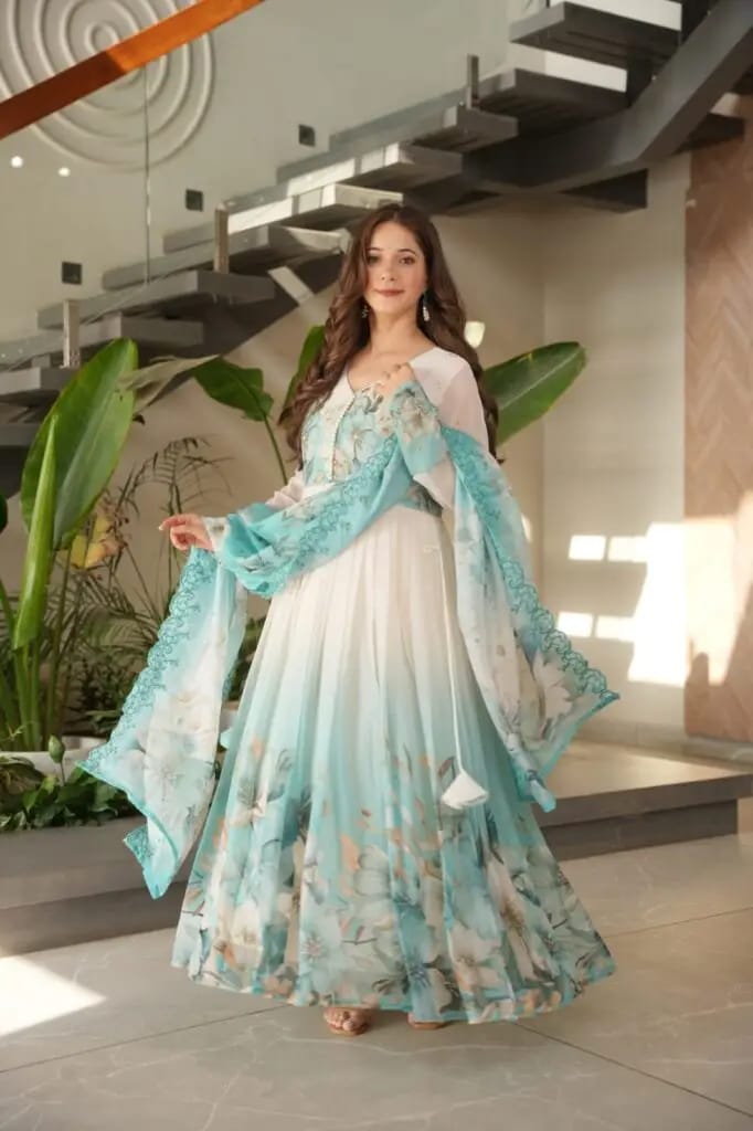 Premium Indian Georgette Three Piece Set – Digital Print, Gota Karchupi & Stone Work