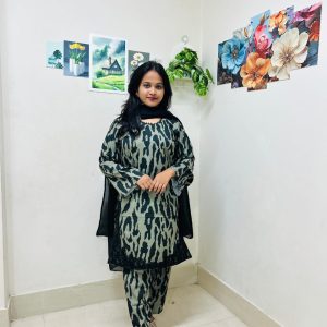 Ready-Made Three Piece Set – Dubai Cherry Fabric with Digital Print & Lace Work