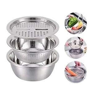 3 In 1 Multifunctional Stainless Steel Basin with Vegetable Cutter & Drain Basket