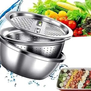 3 In 1 Multifunctional Stainless Steel Basin with Vegetable Cutter & Drain Basket