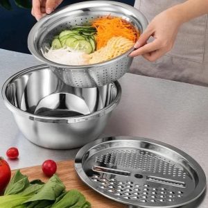 3 In 1 Multifunctional Stainless Steel Basin with Vegetable Cutter & Drain Basket