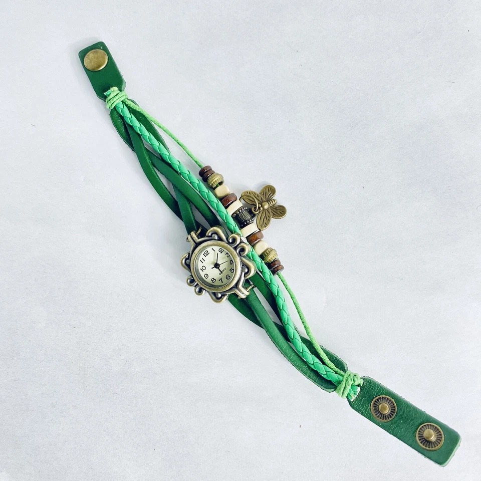 Vintage Butterfly Bracelet Watch for Women | Multi-Layer Leather & Beaded Strap Wrist Watch - Image 2