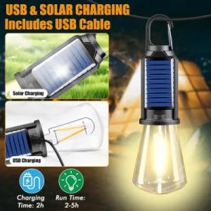Solar Rechargeable Camping Light with Hook | Vintage Tungsten Style LED Lantern | Type-C USB Charging – Shustar JW821