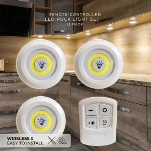 3-in-1 Remote Control LED Light Set, Wireless Stick-On Cabinet Lights with Timer & Brightness Control