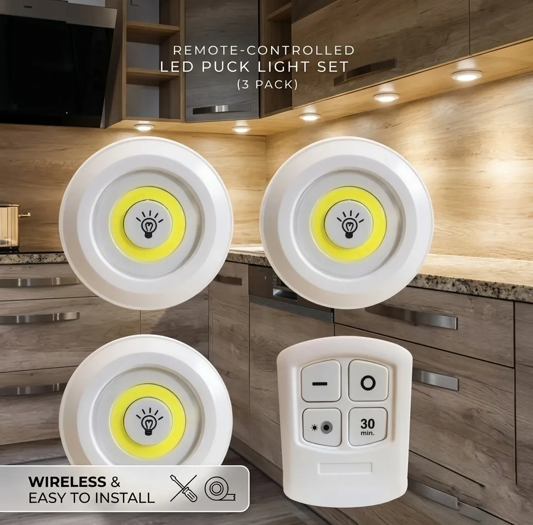 3-in-1 Remote Control LED Light Set, Wireless Stick-On Cabinet Lights with Timer & Brightness Control - Image 3